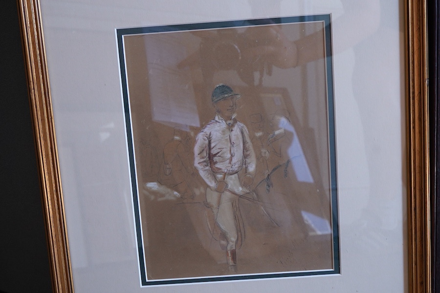 George Finch Mason (1850-1915), Study of a huntsman, possibly Basil E. Wenham?, indistinct inscriptions, and a study of a jockey, two watercolours heightened with white, largest 18 x 21cm